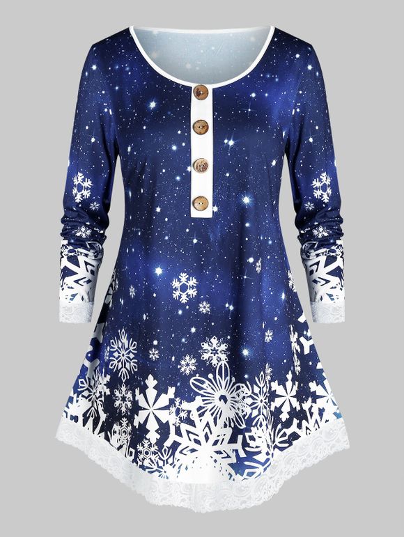 T-shirt de Noël à Imprimé Flocon de Neige avec Bouton - Bleu 4X