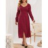 Robe Boutonnée Fendue de Grande Taille à Col V - Rouge Vineux 5X