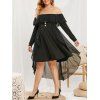 Robe Superposée en Maille à Epaule Dénudée de Grande Taille à Volants - Noir 4X