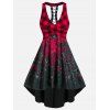 Robe Haute Basse Croisée Fleur Rose Imprimée à Carreaux sans Manches à Lacets - Rouge 3XL