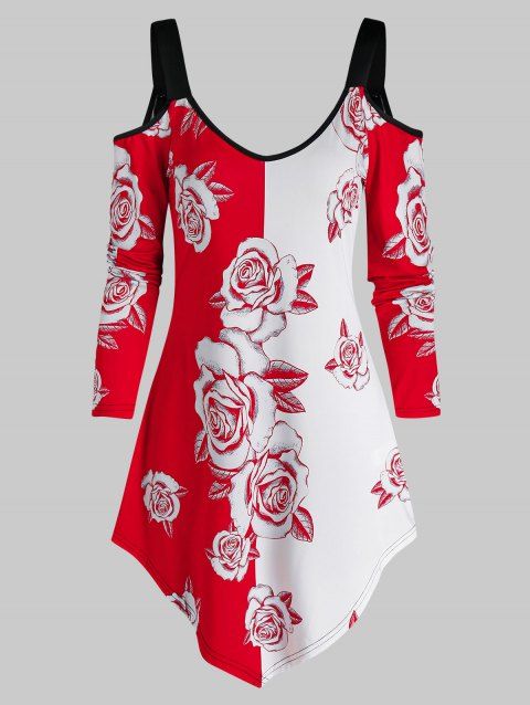 T-shirt Long Fleuri Imprimé à Epaule Dénudée