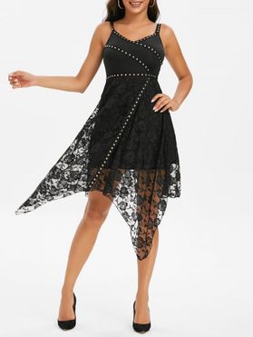 Rivets Lace Overlay Asymmetrical Dress