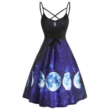 

Crisscross Lace Up Starry Moon Print Cami Dress, Black