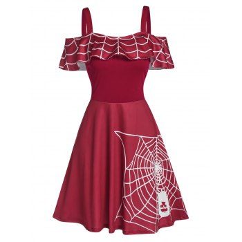 

Halloween Spider Web Print Cold Shoulder Skater Dress, Red wine