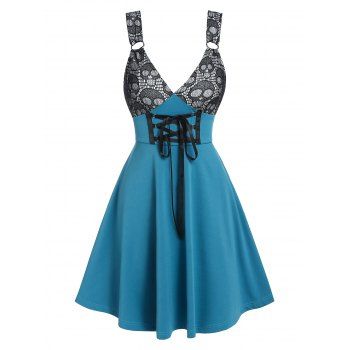 

Gothic Skull Pattern Two-tone Lace-up Dress, Light sea green