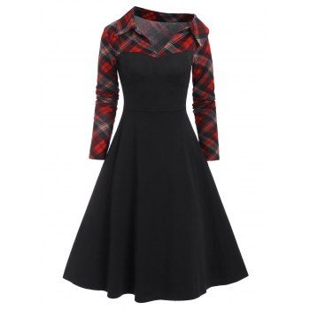 

Plaid Insert Empire Waist Skew Neck Long Sleeve A Line Dress, Black