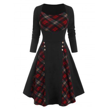 

Vintage Plaid Insert Mock Button Long Sleeve A Line Dress, Black