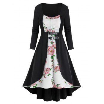

Floral Print Faux Two Piece Buckles Dress, Black
