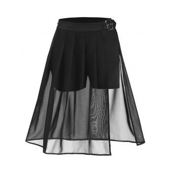 

Pleated Solid Sheer Slit Flare Skirt, Black