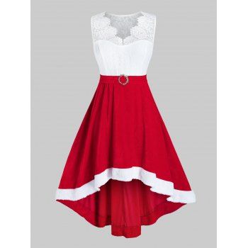 

Plus Size Lace Insert Velvet High Low Party Dress, Valentine red