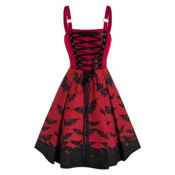 

Lace Up Bat Print High Waist Cami A Line Dress, Red wine