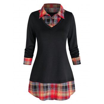 

Faux Two Piece Shirt Collar Plaid Knitted T Shirt, Black