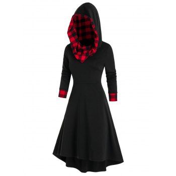 

Hooded Plaid Print Lace-up High Low Dress, Black