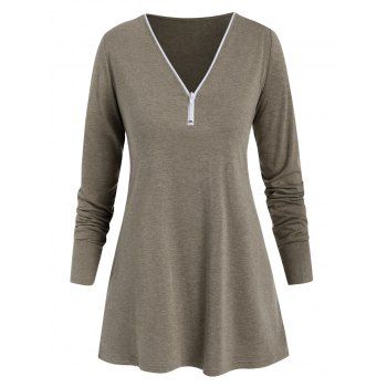 

Front Half Zipper Long Sleeve Casual Tee, Light coffee