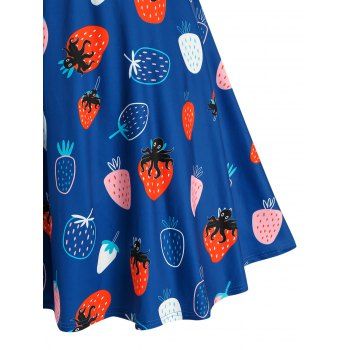 Vintage Strawberry Print Studded O Ring Strappy A Line Dress