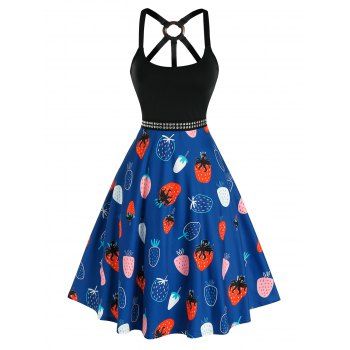 

Vintage Strawberry Print Studded O Ring Strappy A Line Dress, Deep blue