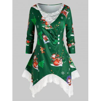 

Plus Size Snowman Print Lace Panel T Shirt, Deep green