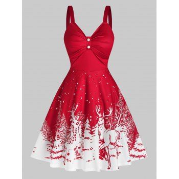 

Christmas Elk Snowflake Print Dress, Red