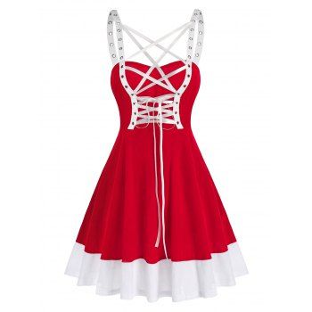 

Christmas Lace-up Contrast Sleeveless Dress, Red