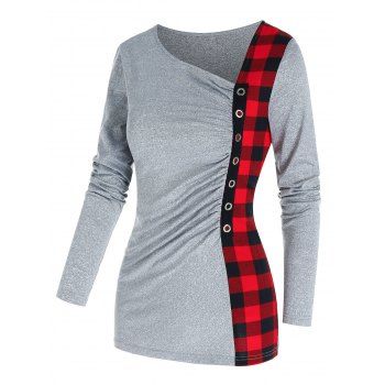 

Plaid Panel Grommet Ruched T Shirt, Light gray