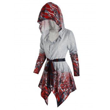 

Tree Print Hooded Belted Cardigan, Multicolor a