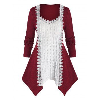 

Plus Size Bicolor Cable Knit Asymmetric Hem Applique Panel Sweater, Deep red