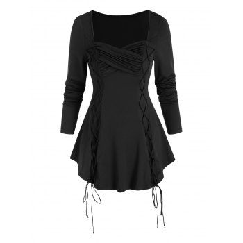 

Solid Criss Cross Ruched Lace Up T Shirt, Black