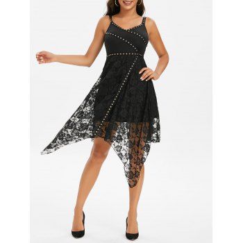 

Rivets Lace Overlay Asymmetrical Dress, Black