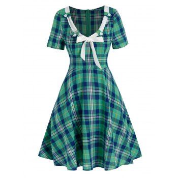 

Plaid Print Bowknot Flare Dress, Aquamarine