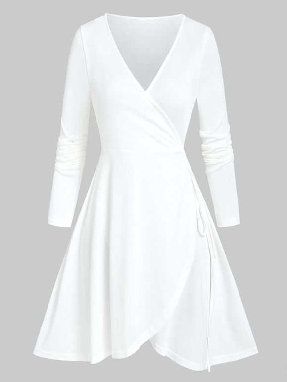 Mini Robe Chinée à Manches Longues à Col V - Blanc XL
