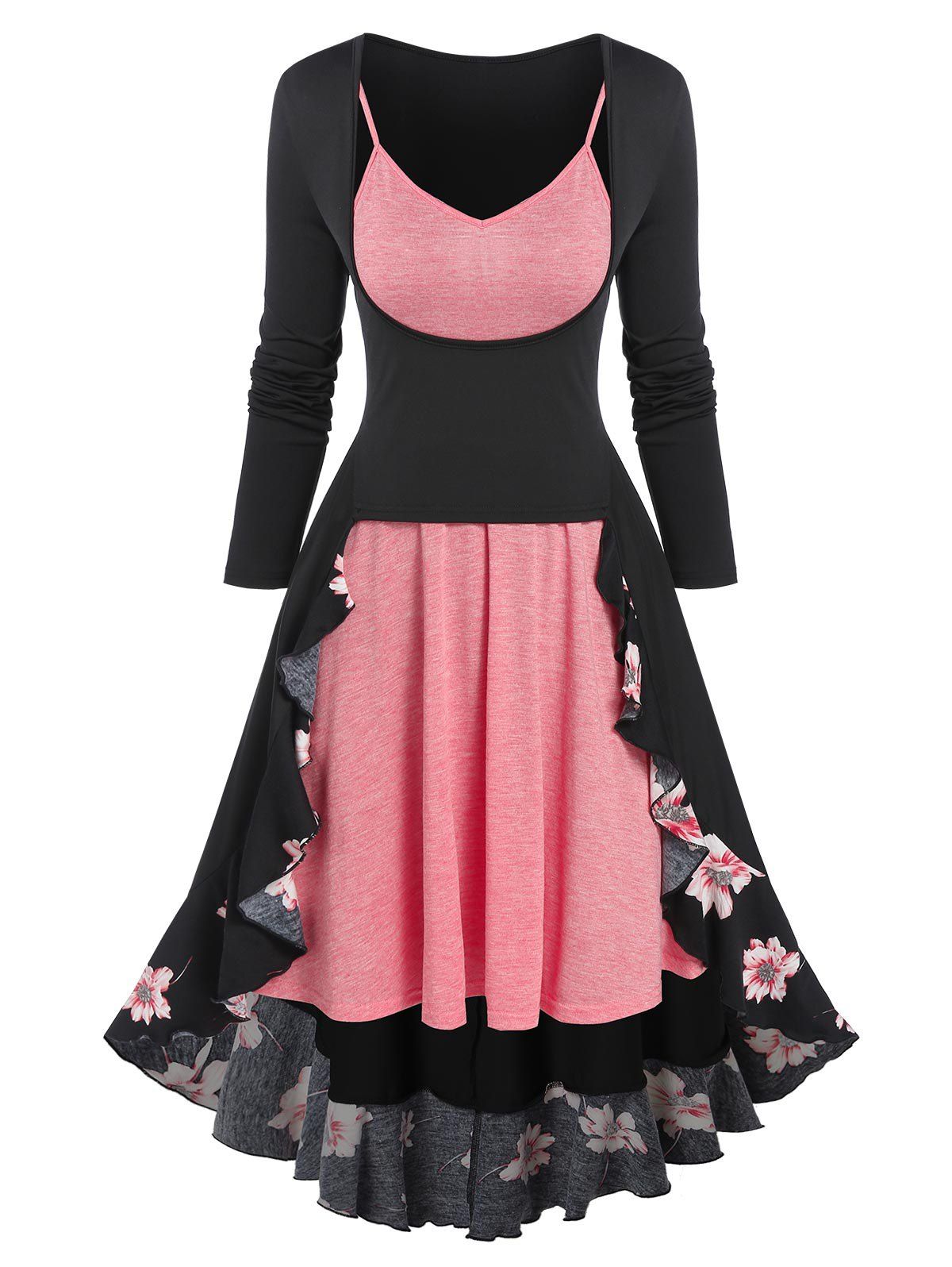 Flounce Floral Print Slit Asymmetrical Long Sleeve Midi Dress and Heather High Waist Cami Dress Set - multicolor A 2XL