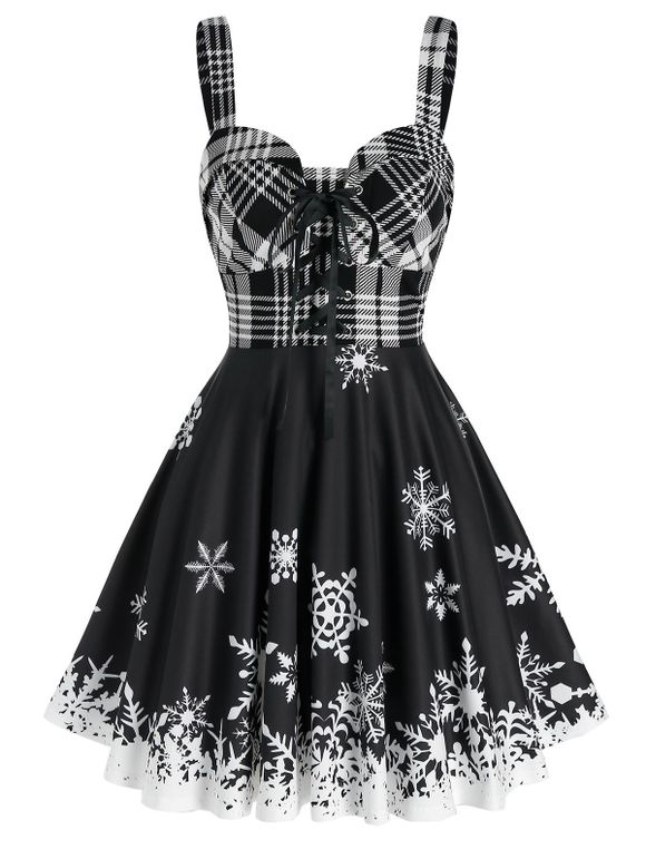 Robe de Noël à Carreaux à Imprimé Flocon de Neige à Lacets - Noir 3XL