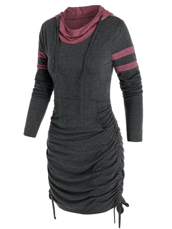 Mini Robe à Capuche Chinée avec Poche en Avant avec Lacets - Cendre gris 3XL
