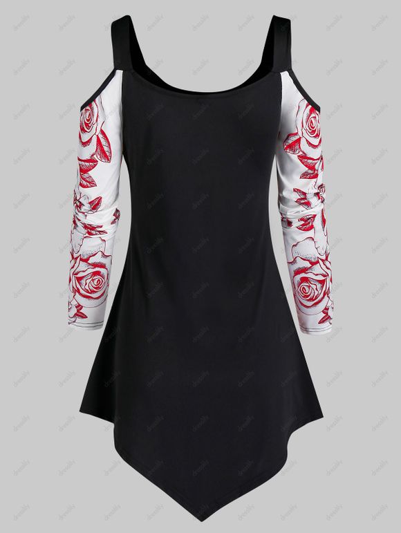 T-shirt Long Fleuri Imprimé à Epaule Dénudée - Rouge L