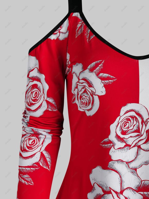 T-shirt Long Fleuri Imprimé à Epaule Dénudée - Rouge L