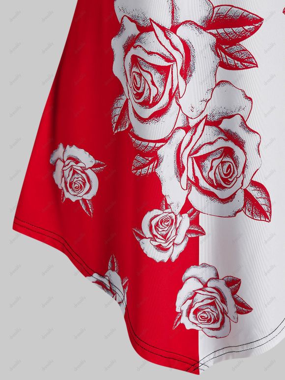 T-shirt Long Fleuri Imprimé à Epaule Dénudée - Rouge L