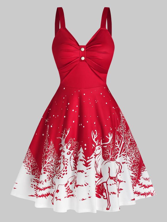 A Line Mini Dress Christmas Elk Snowflake Print Mock Button High Waist Dress - RED M