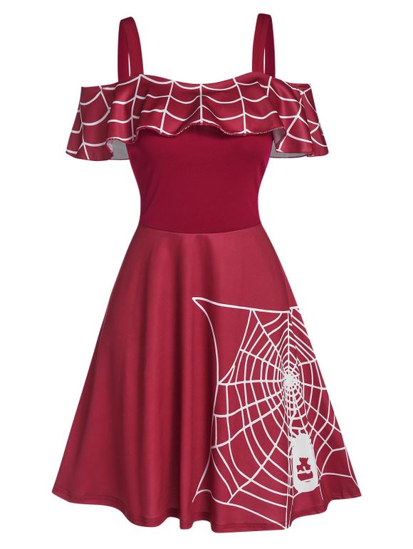 Robe Patineuse d'Halloween Toile Imprimée Araignée à Epaule Dénudée - Rouge Vineux S