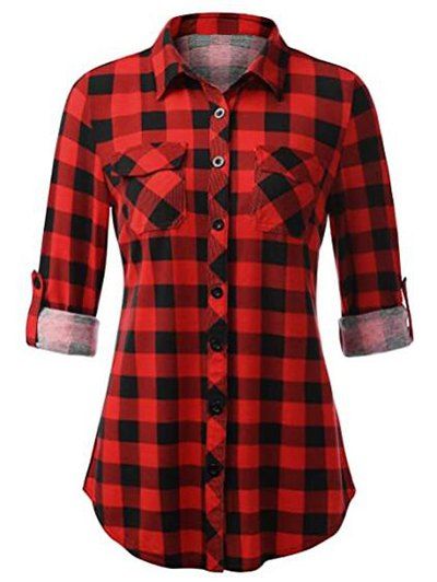 Plus Size Roll Up Sleeve Pockets Plaid Shirt - RED XL
