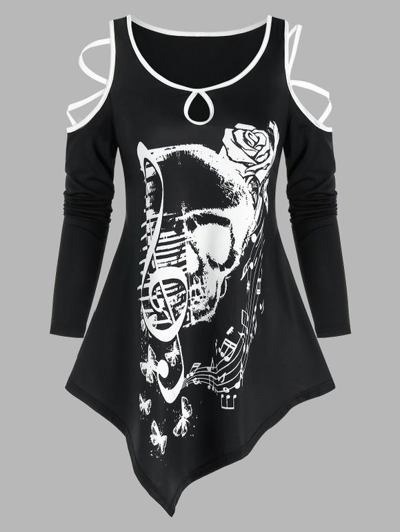 T-shirt Asymétrique Graphique Crâne et Musique avec Trou de Serrure - Noir 3XL
