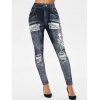 Legging Moulant Déchiré 3D Jean Imprimé à Coupe Haute - Noir 3XL