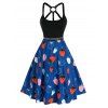 Robe Trapèze Vintage à Imprimé Fraise Cloutée avec Anneau en O et Bretelles - Bleu profond 2XL
