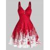 Robe à Imprimé Flocon de Neige et Renne de Noël en Ligne A avec Faux Bouton à Taille Haute - Rouge 3XL
