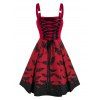 Robe Ligne A à Bretelle Chauve-souris Imprimé à Taille Haute à Lacets - Rouge Vineux 2XL