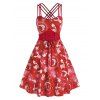 Robe de Noël Croisée Imprimée à Bretelle à Lacets - Rouge Vineux M