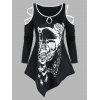 T-shirt Asymétrique Graphique Crâne et Musique avec Trou de Serrure - Noir 2XL