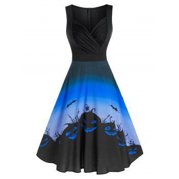 

Halloween Pumpkin Print High Waist Sleeveless Mid Calf Dress, Multicolor c
