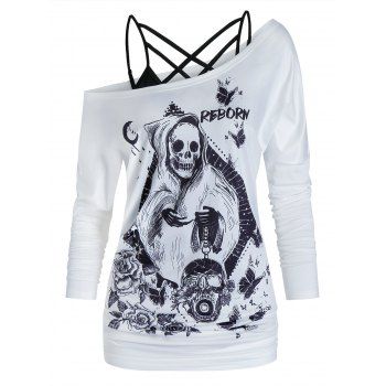 

Floral Skull Print Crisscross Exposed Shoulder Twinset T Shirt, White
