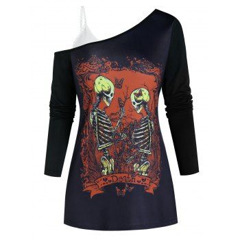 

Open Shoulder Skeleton Graphic Two Piece Gothic T Shirt, Black
