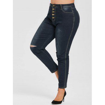 

Ripped Button Fly High Waisted Plus Size Skinny Jeans, Deep blue